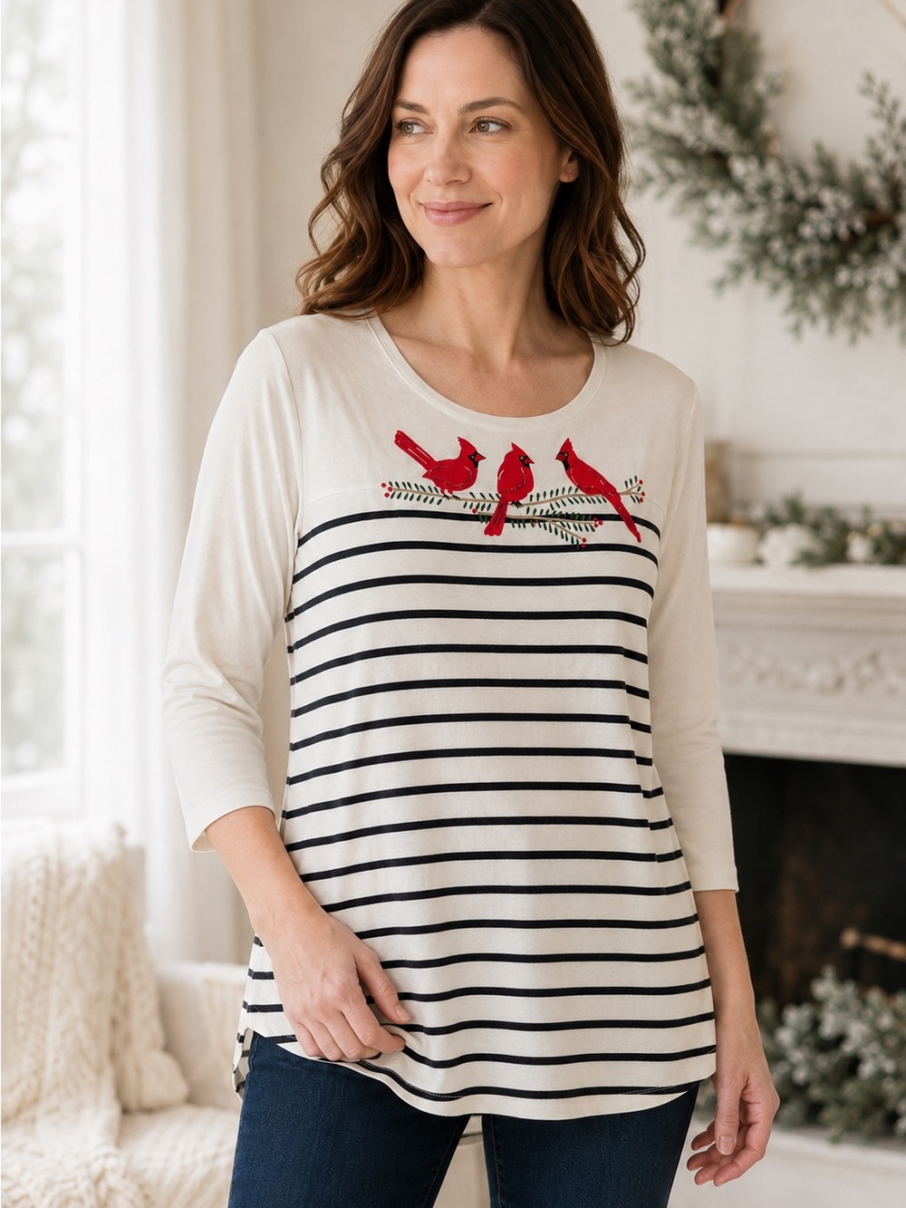 Kim Rogers Women’s L Ivory Black Stripe Cardinal Bird Holiday Tunic Top